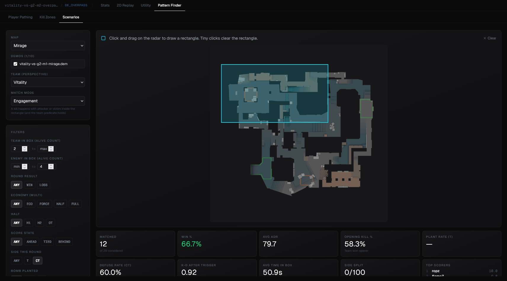 Scenarios pattern finder showing matched rounds and statistics